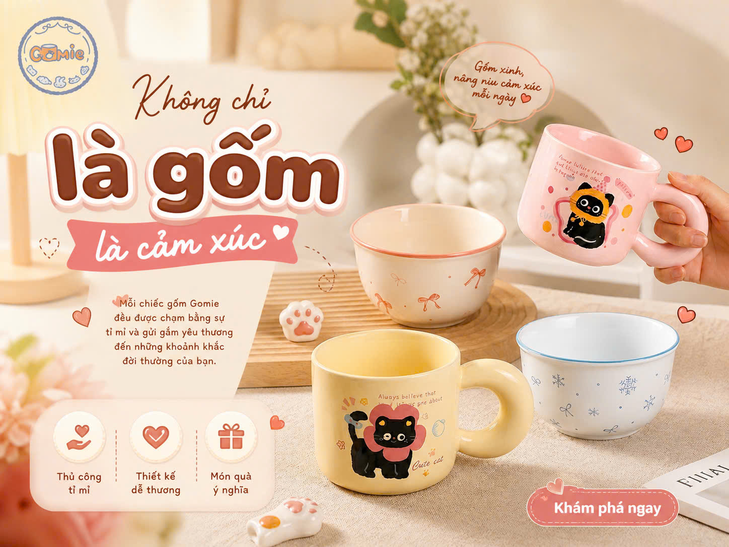 Combo cốc thìa gốm sứ hoạ tiết dễ thương - Chạm Gomie